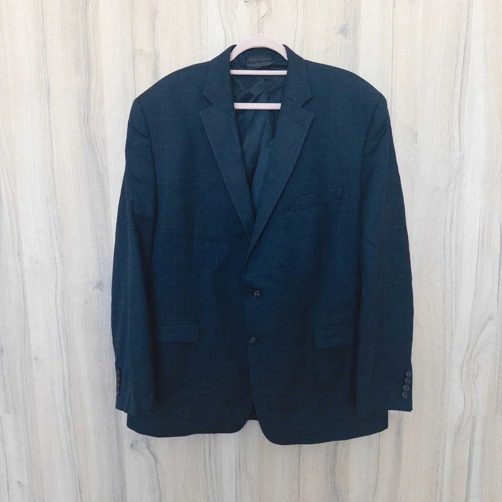 Ralph Lauren Mens Blazer 46R Navy Plaid Two Button Wool Blend Old Money Preppy
